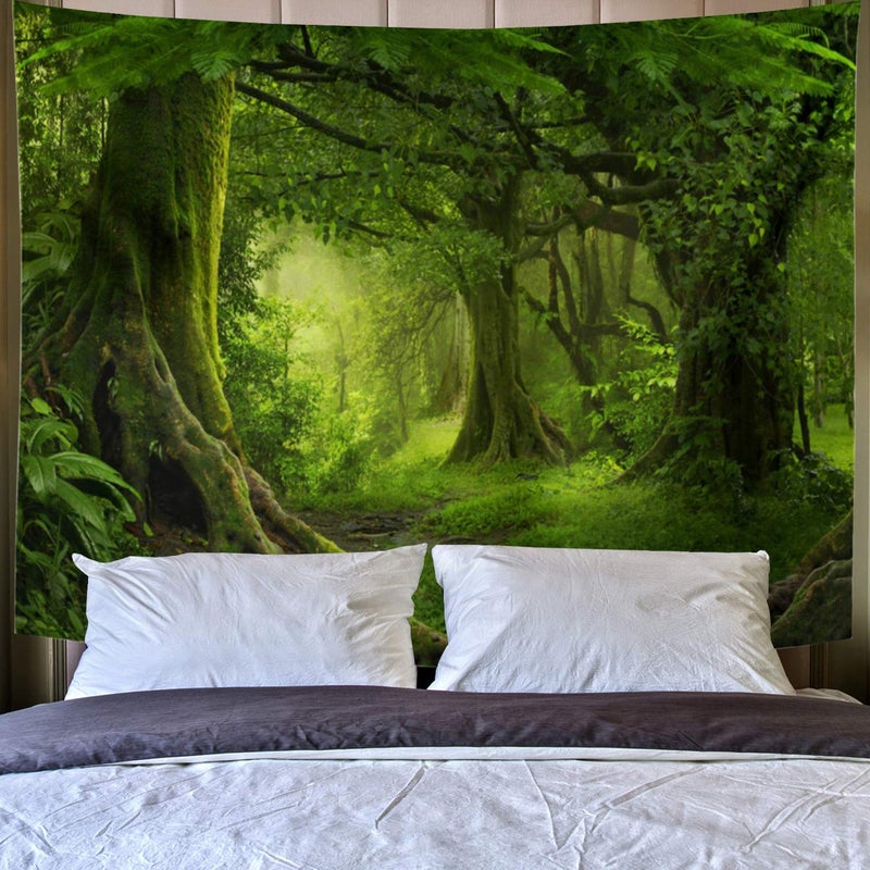 Lahasbja Misty Forest Tapestry Green Tree in Jungle Forest Tapestries Wall Hanging Nature Scenery Woodland Backdrop for Living Room Bedroom - Image 3